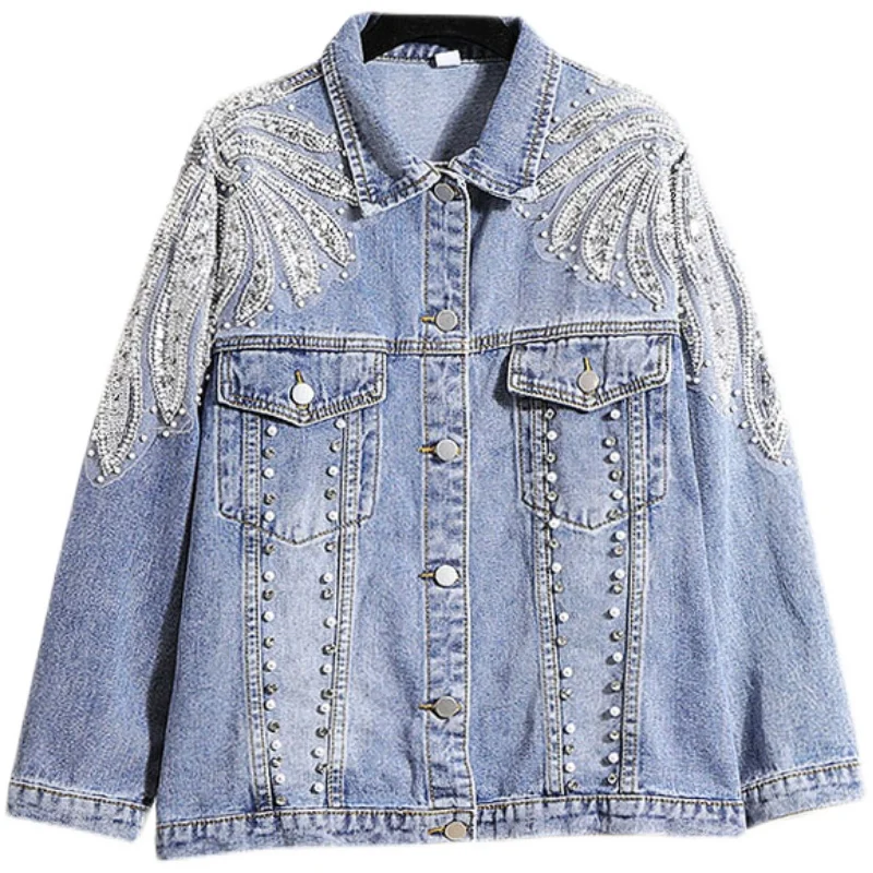 StreetWear Loose Jean Jacket Women Denim Jackets Autumn 2021 New Fashion Heavy Beads Diamond Embroidered Flower Female Coats Top