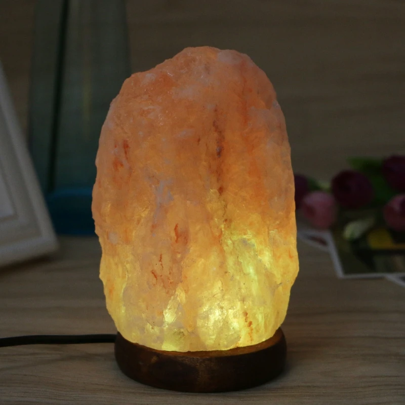 USB Salt Lamp Natural Hand Carved Wooden Base Crystal Rock Colors Changing Night Light