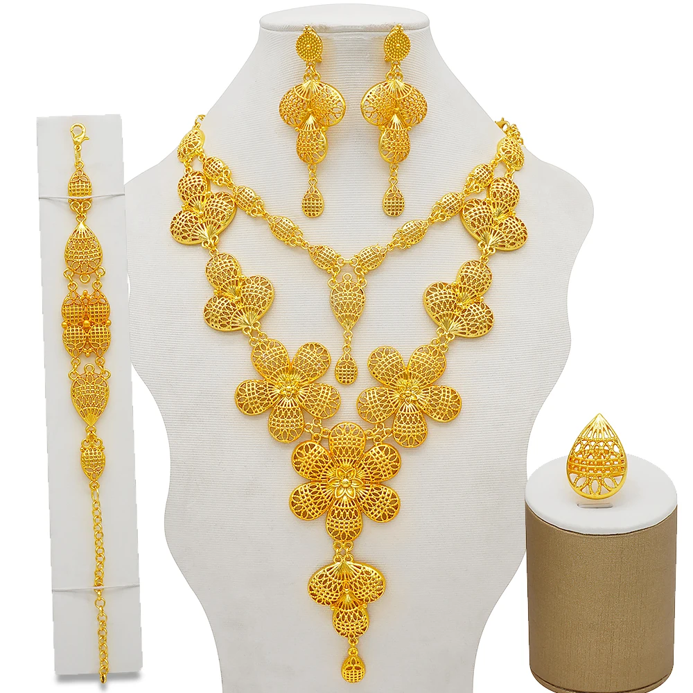 

Dubai Jewelry Sets Gold Necklace Earring Set For Women African France Wedding Party 24K Jewelery Bracelet Bridal Gifts