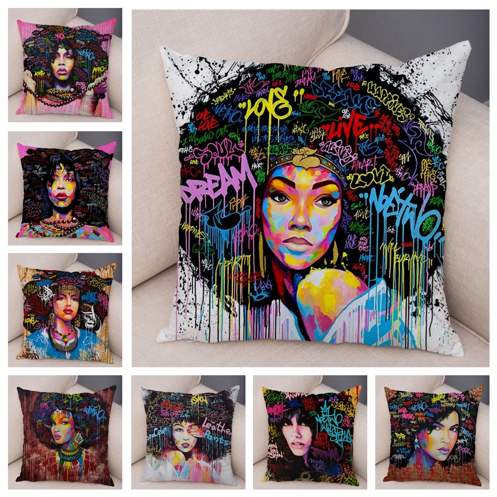 African Women Style Cushion Cover for Bedroom Sofa Home Decor Colorful Cartoon Girl Dream  Pillowcase Plush Pillow Case 45x45cm