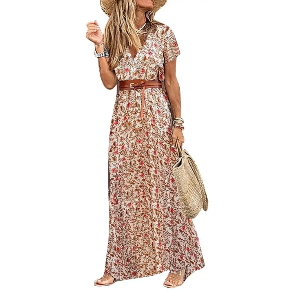 

Loose dress Boho Women V Neck Short Sleeve Paisley Print Belt Large Hem Beach Long Dress Belt Large Hem Beach Long Dress