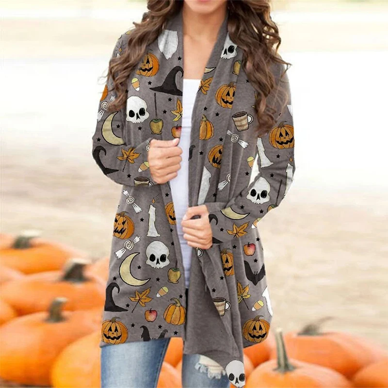 Halloween Skull Pumpkin Print Long Sleeve Cardigans Autumn Winter Casual Open Stitch Long Tops Ladies Elegant Cardigan Wholesale