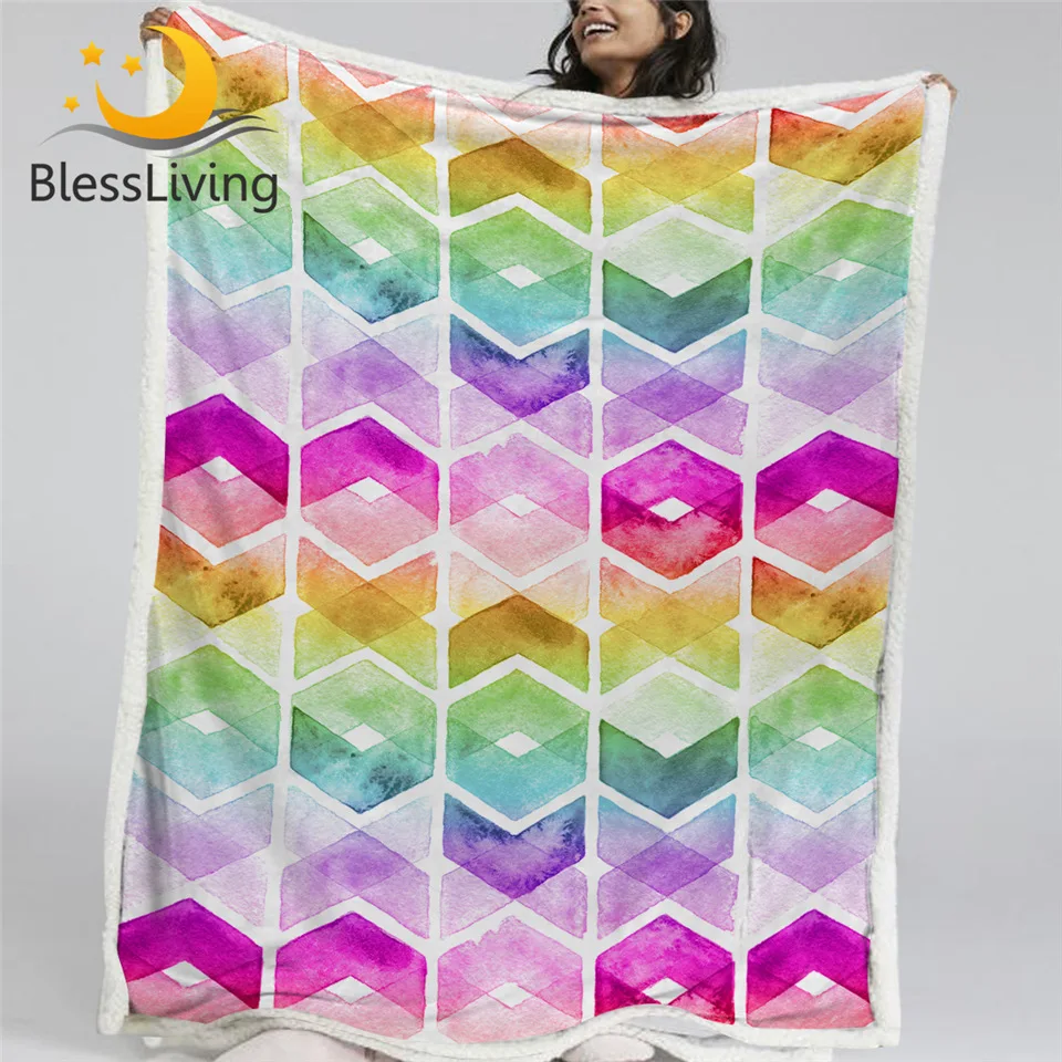 

BlessLiving Watercolor Throw Blanket Rainbow Colors Blanket For Bed Geometric Hipster Bedspreads Colorful Plush Blanket Cobertor