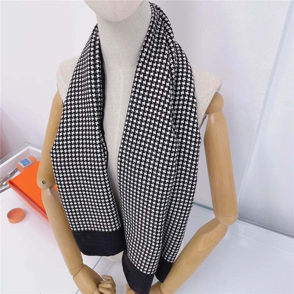 POBING Silk Cashmere Scarf Women Hand Rolled Shawls Plaid Print Square Scarves Wraps Lady Bandana Big Hijabs Female Foulards