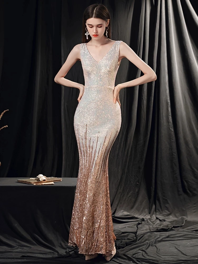 Customized Sequin Prom Dresses Sexy V Neck Backless Sleeveless Long Formal Party Gowns Robe De Soiree RU102