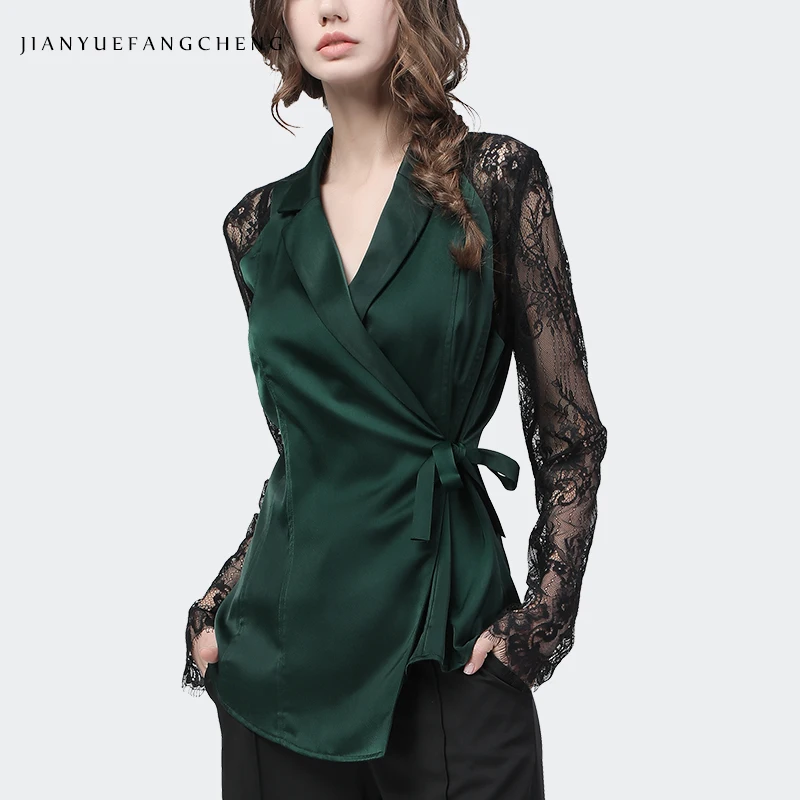 Fashion Backless Womens Lace Mesh Lace-Up Shirt Crossed V-Neck Hook Flower Hollow Female Tops Elegant Sexy Ladies Satin Blouses