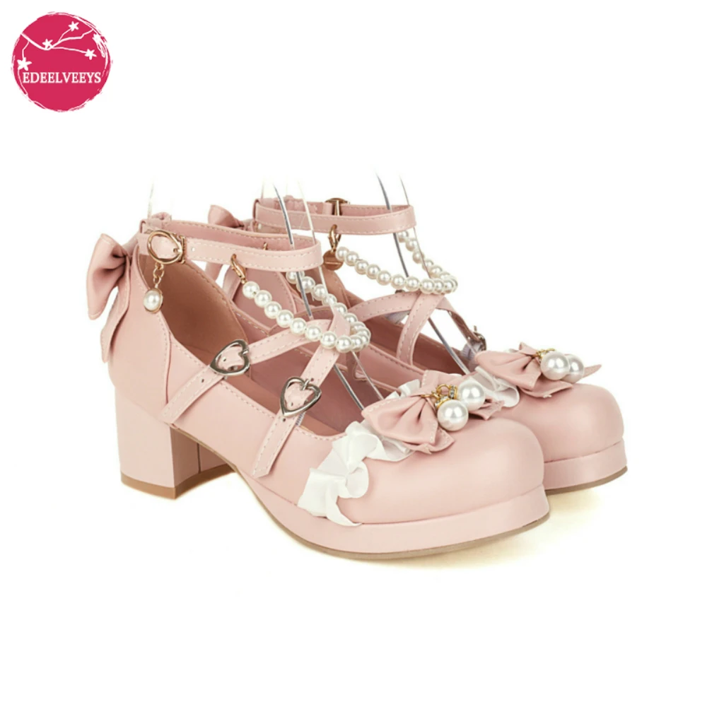 

Women Party Leather Shoes Girls PU Med Heel Lace Flower Butterfly-knot Bead Ladies Single Pumps Dance Dress Princess Cosplay