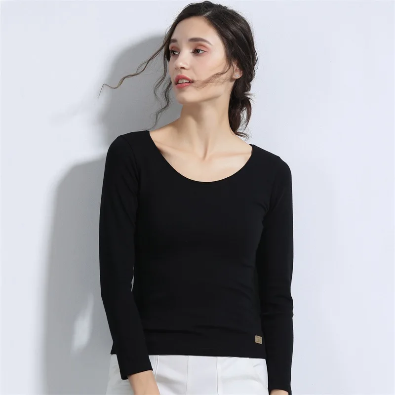 Basic Sturdy T Shirt Women Long Sleeve Cotton Tee Shirts Scoop Neck Top M-2XL