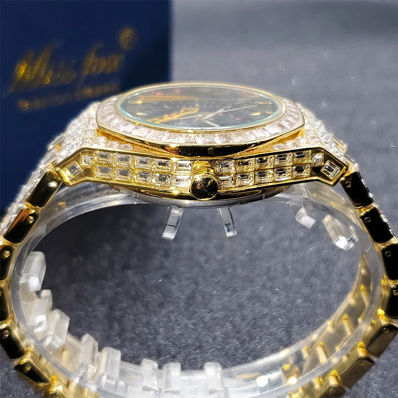 Men Mechanical Watch Gold Full Baguette Original Automatic Men\'s Skeleton Watches Diamond Luminous Luxury Waterproof Hand Clock