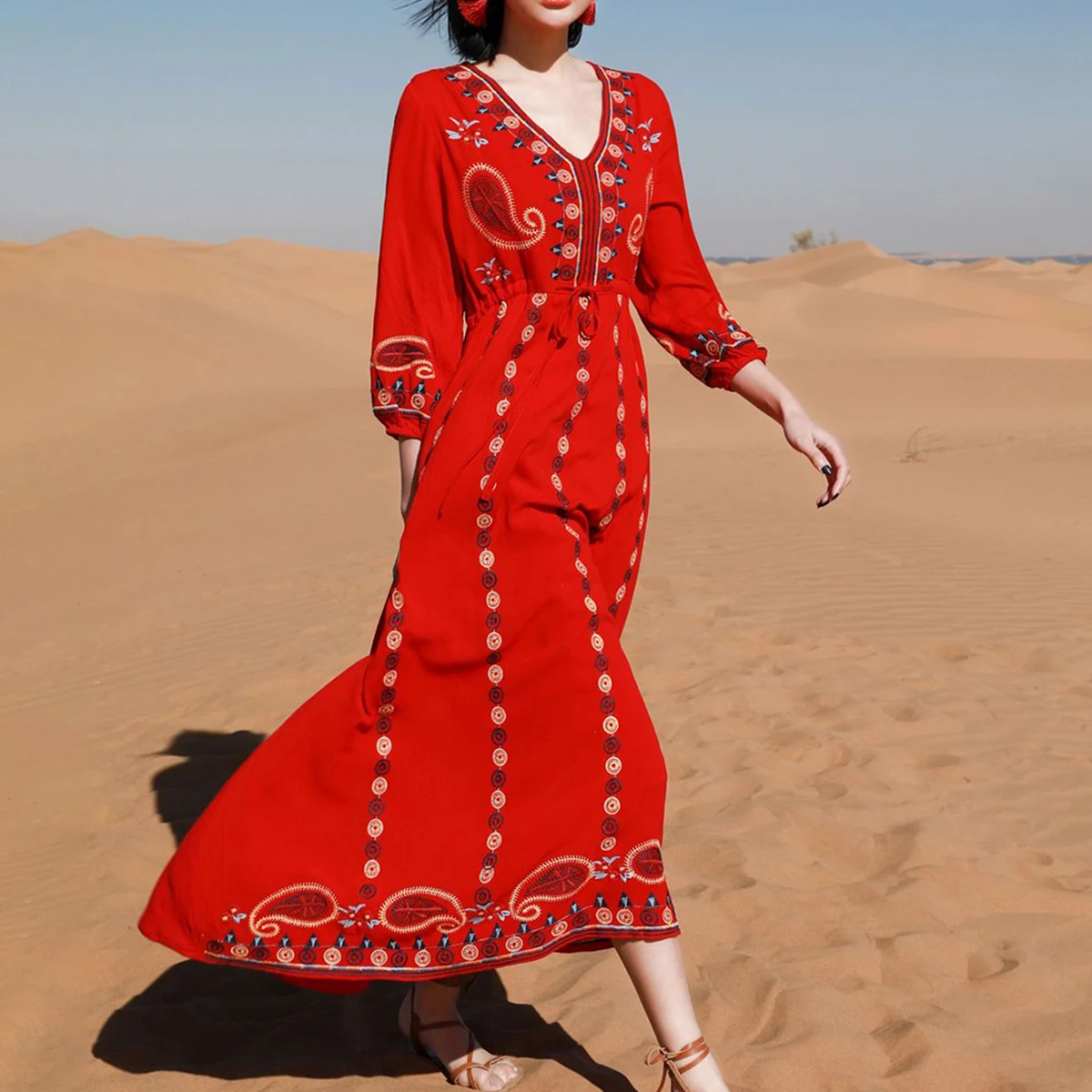 

Jastie V-Neck Retro Folk Style Embroidery Dress Boho Hippie Tie Waist Casual Beach Long Holiday Dress Women Vestidos 2022 Spring