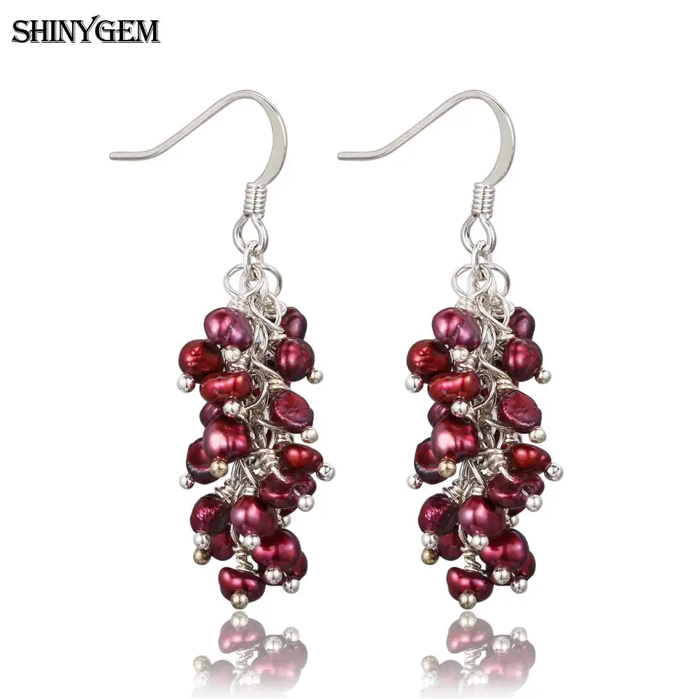 

ShinyGem Trendy 3-4mm Natural Small Freshwater Pearl Earrings Silver Plated Grape Shape Drop Long Earring For Women Wedding Gift