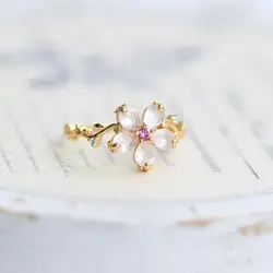 Designer Original pink crystal Natural Peach petal Opening Adjustable Ring China Fresh and romantic ladies brand jewelry