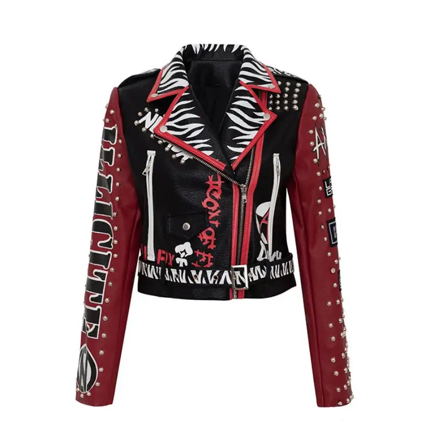 3D Graffiti soft pu leather jackets female cartoon character printed Jacket rivet beading Punk Rock Cropped leather Outerwear