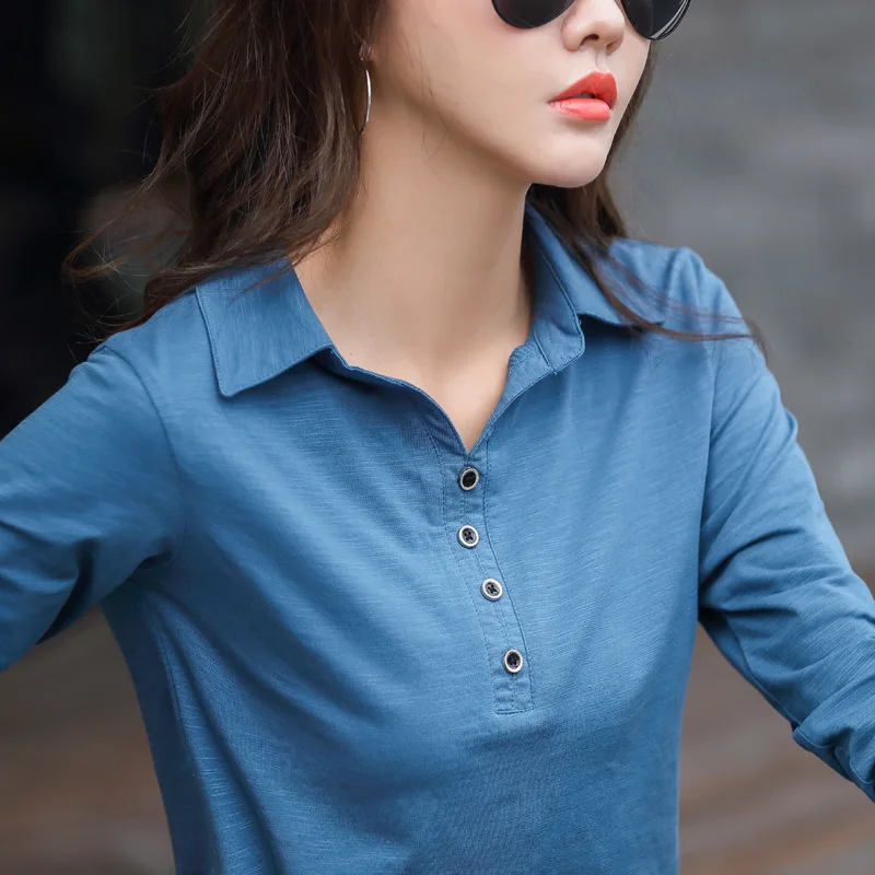 New Spring T Shirt Women Long Sleeve Buttons Polo Collar T-shirts Casual Cotton Female Tshirt Solid Color Ladies Tops Tees