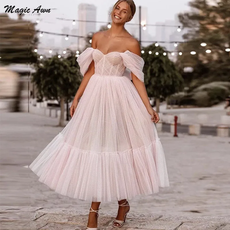 Magic Awn Light Pink Tea-Length Prom Dresses Off The Shoulder Tulle Short Evening Party Gowns A-Line Puffy Robe De Soirée 2024