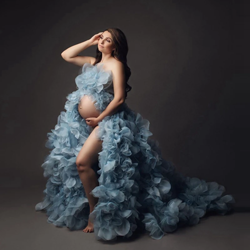 Luxury Tulle Handmade Flowers Puffy Maternity Dress To Photography Sexy Strapless Front Slit Floral Pregnant Women Gowns