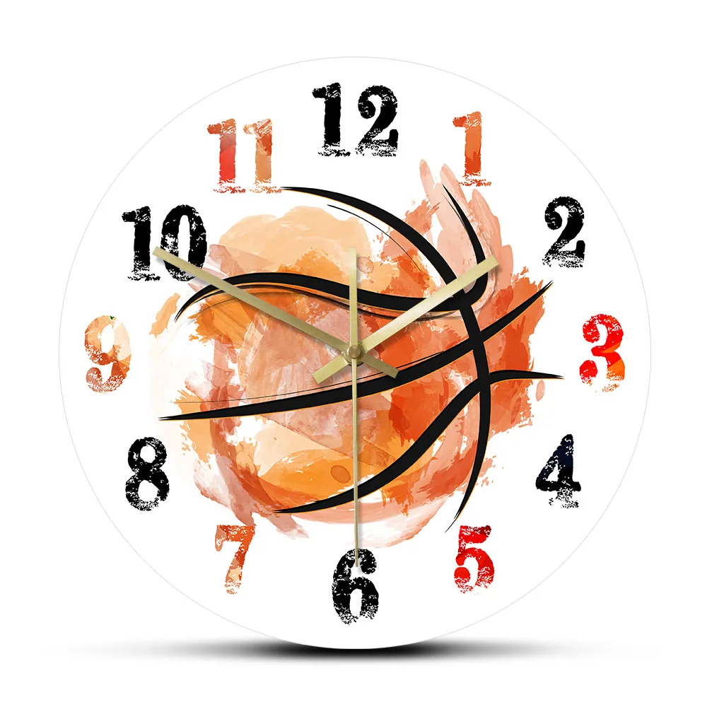 Watercolor Art Basketball Modern Wall Clock Splatter Painting Artwork Basketball Sports Decor Silent Timepieces for Boys Room