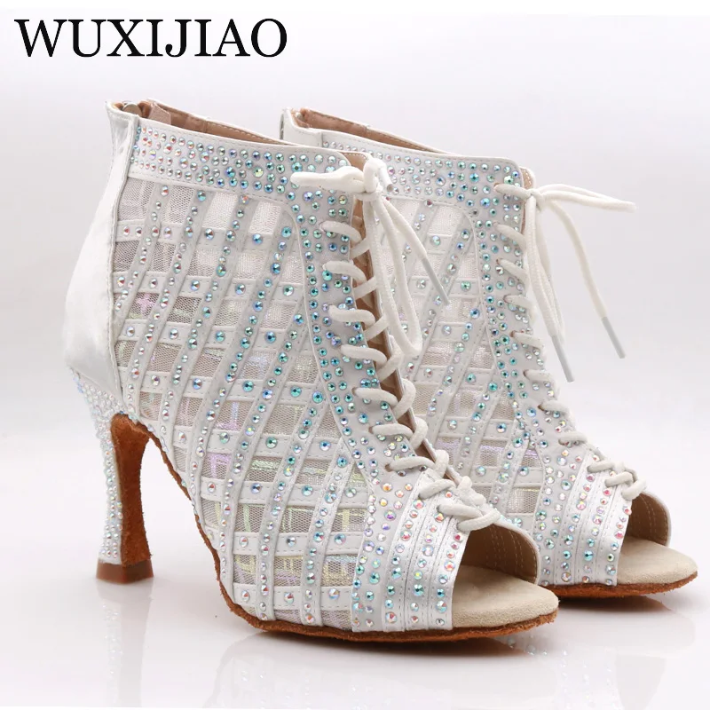 WUXIJIAO Latin dance high boots shoes soft sole shoes salsa ballroom ladies mesh dance shoes Cuba high heels  9CM