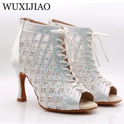 WUXIJIAO-Botas altas de baile latino para mujer, zapatos de suela suave para salsa, salón, zapatos de baile de malla para mujer, tacones altos de Cuba de 9CM