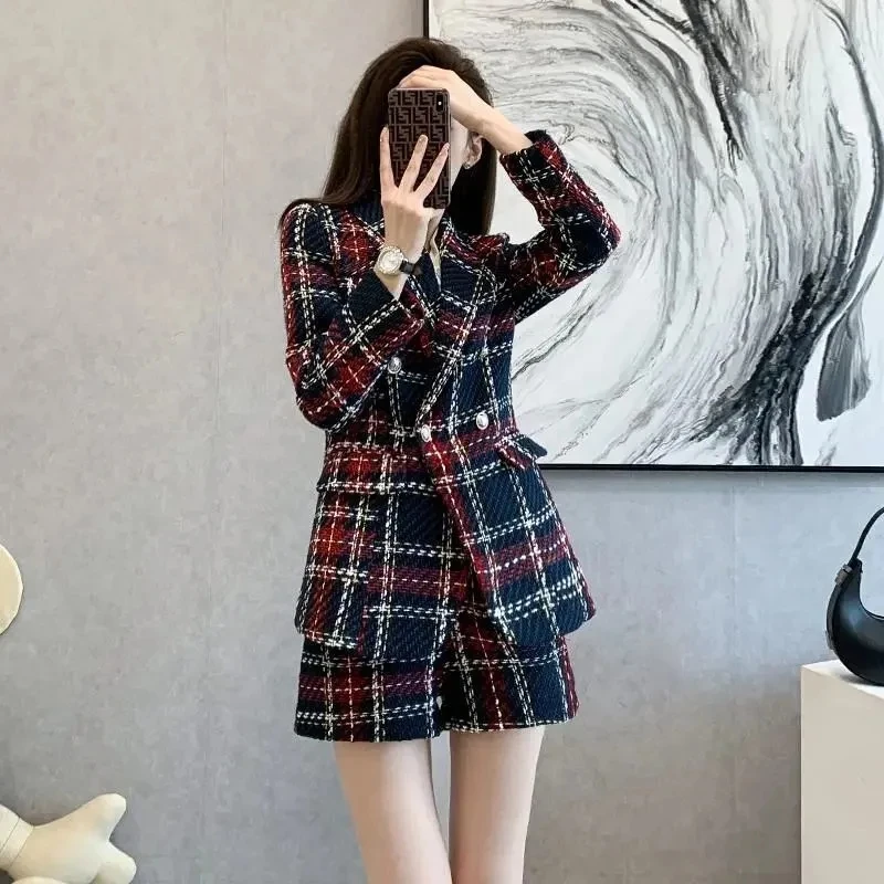 Women\'s Casual Suit 2022 New Spring Autumn Winter Plaid Blazer Shorts Two-Piece Female Fashion Loose Suit Outerwear