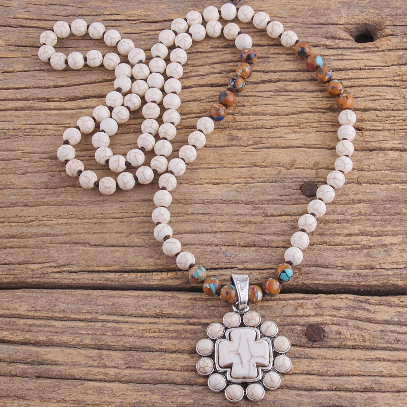 Fashion Bohemian Jewelry Accessory 8mm Stones Knotted With Stone Cross Pendant Necklaces For Women Boho Gift