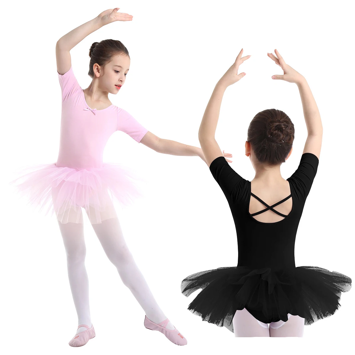 

Ballet Dress Kids Short Sleeves Cotton Dance Wear Ballet Tutu Tulle Dress for Girls Gymnastics Leotard Ballerina Party Costumes
