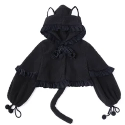 Origional  Japanese-Style Student Cute Autumn and Winter Cute Little Black Cat Ears Tail Outwear Women Jacket Hooded Coat