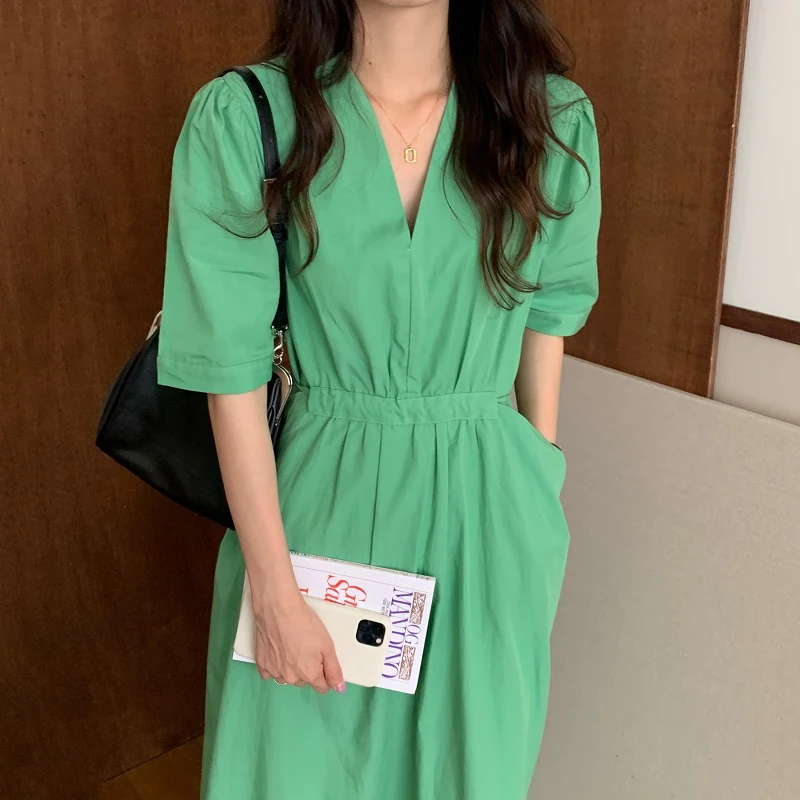 Pinkou Women Stylish Solid Midi Dress High Waist Pockets Bow Tie Sashes V Neck Green Pink Gery Female Chic Mid Calf Dresses QA76