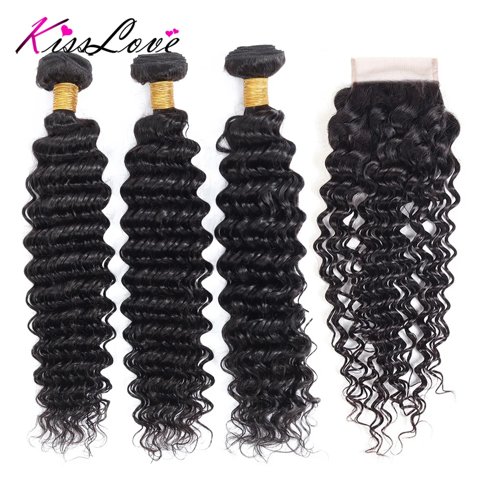 Kiss Love Peruvian Hair Deep Wave Bundles with Closure Natural Color Hair Weave 8-26 Remy Human Hair 3 Bundles With Closure