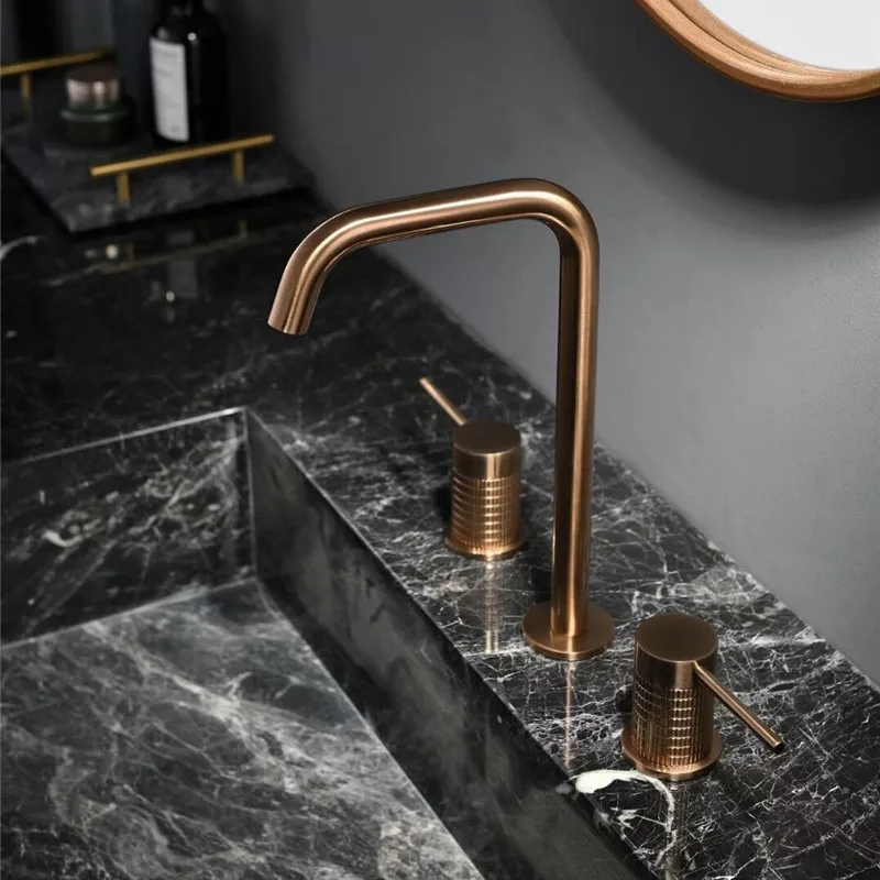 Basin Faucet Brass Rose Gold Bathroom Faucet Widespread Bathroom Sink Faucets 3 Hole Double Handle Hot And Cold Water Tap