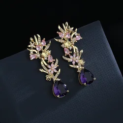 Exaggerated atmosphere zircon flower earrings fashion colored diamond hollow catwalk street photography female party jewelry