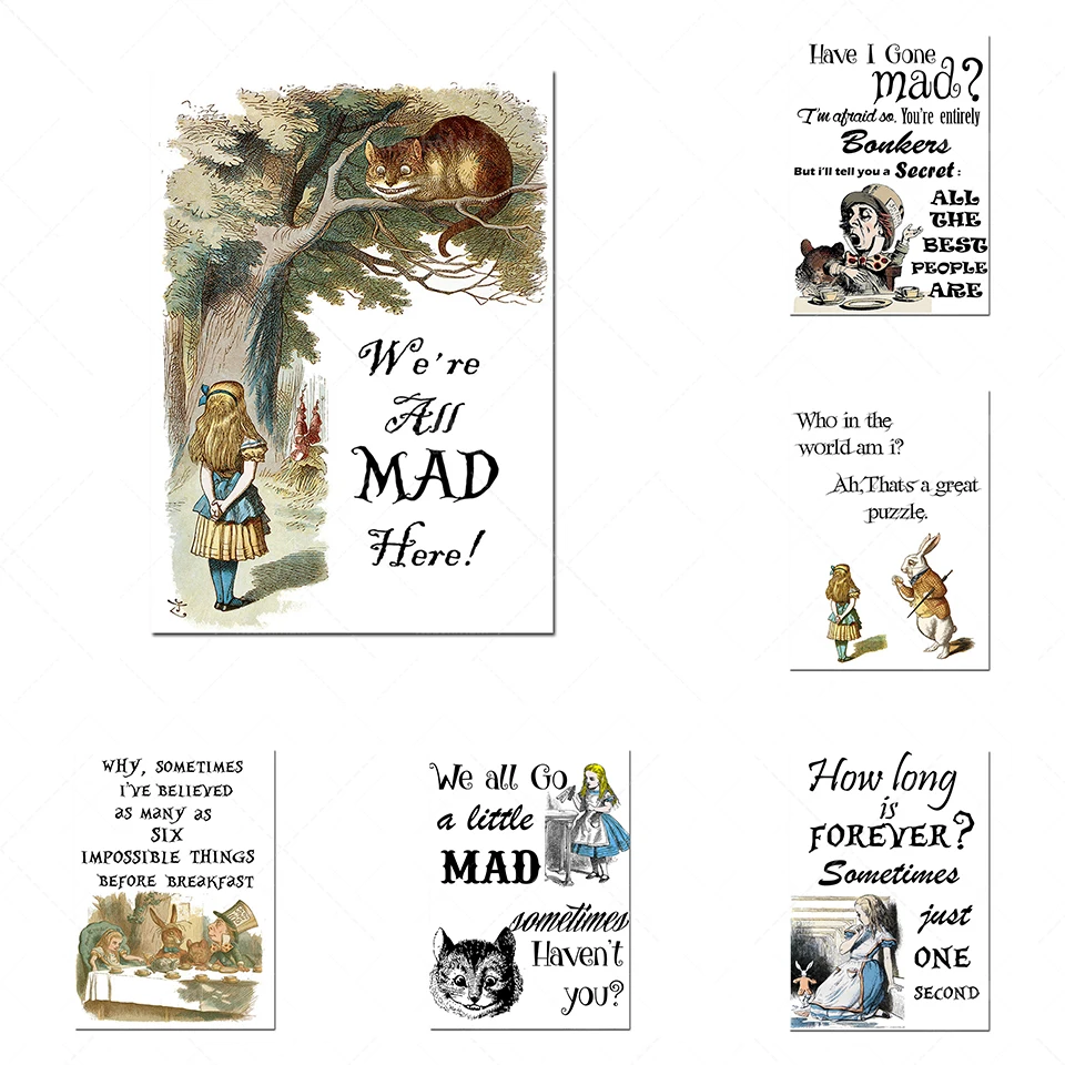 Impresión de arte, mural artístico chambre d'enfant, cadeau d'amant de livre, motivo chat Cheshire, lapin blanc