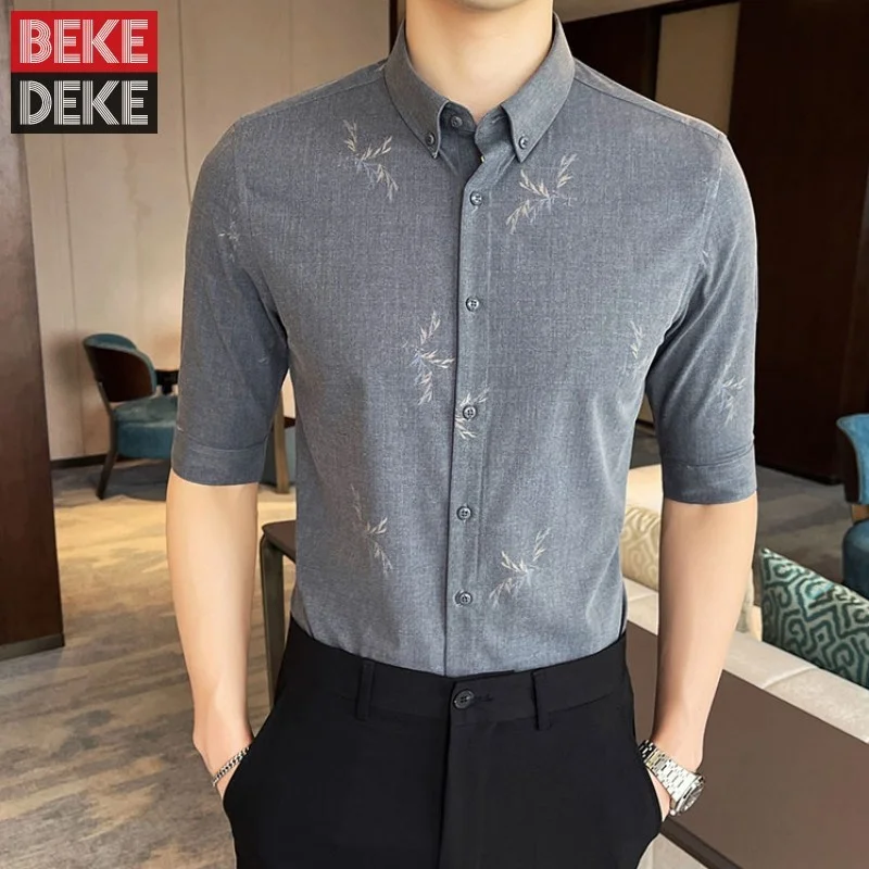 

Casual Smart Printed Shirt Men Thin Section Half Sleeve Summer Button Up Tops Slim Fit Business Office Man Shirts Plus Size 4XL