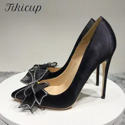 Tikicup Bowknot di seta donna tacchi a spillo in raso tacchi alti Slip On punta a punta pompe di moda eleganti scarpe eleganti da donna di grandi dimensioni