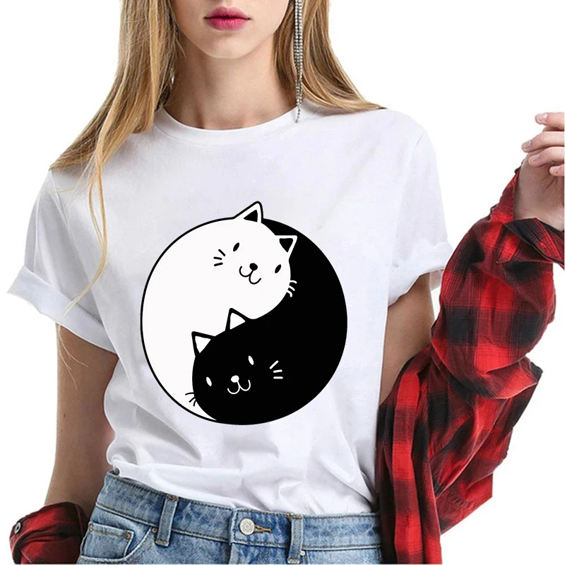 Unisex 100% Cotton Taichi Cat Yinyang Kongfu Cute Funny Cat Lover Women's Short Sleeves Novelty T-Shirt Humor Soft Tee Harajuku