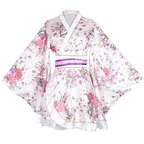 Women\'s Kimono Costume Adult Japanese Geisha Yukata Sweet Floral Patten Gown Blossom Satin Bathrobe Sleepwear with OBI Belt