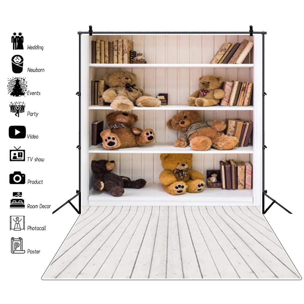 

Laeacco Shelf Bears Plush Toys Books Wooden Floor Photography Backgrounds Baby Portrait Photographic Backdrops Newborn Photozone