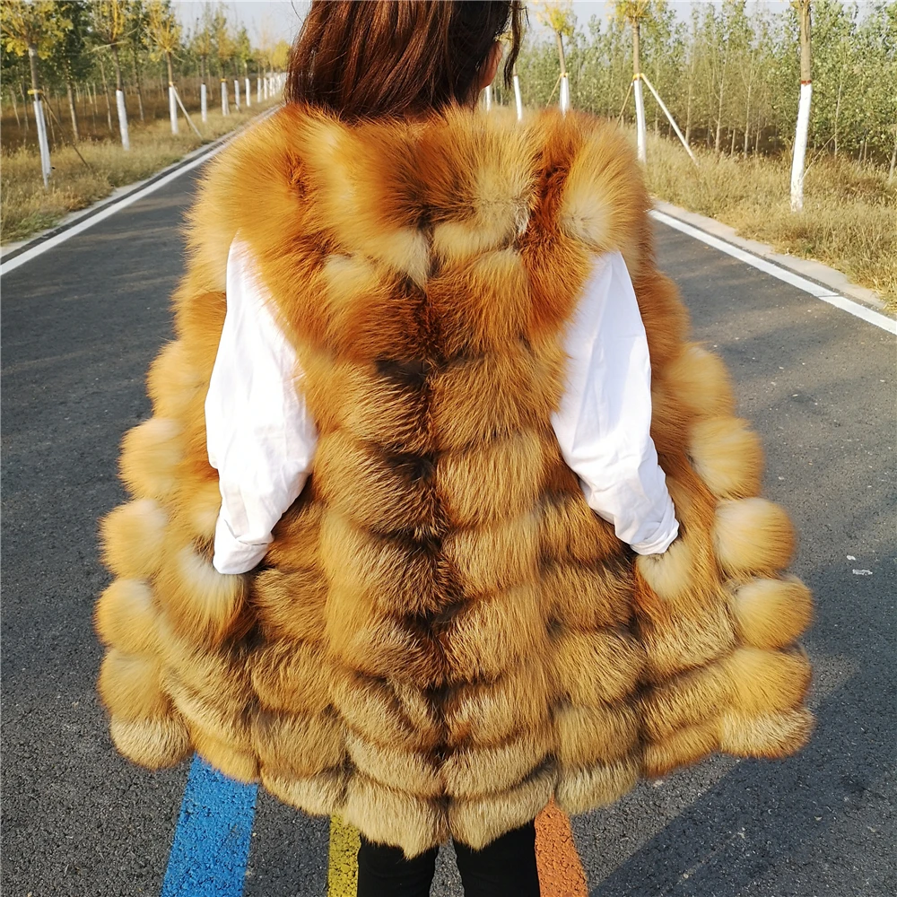 Women\'s Real Natural Silver Fox Fur Vest, Plus Size, Long, Winter Sleeveless Jacket, Female Red Vests