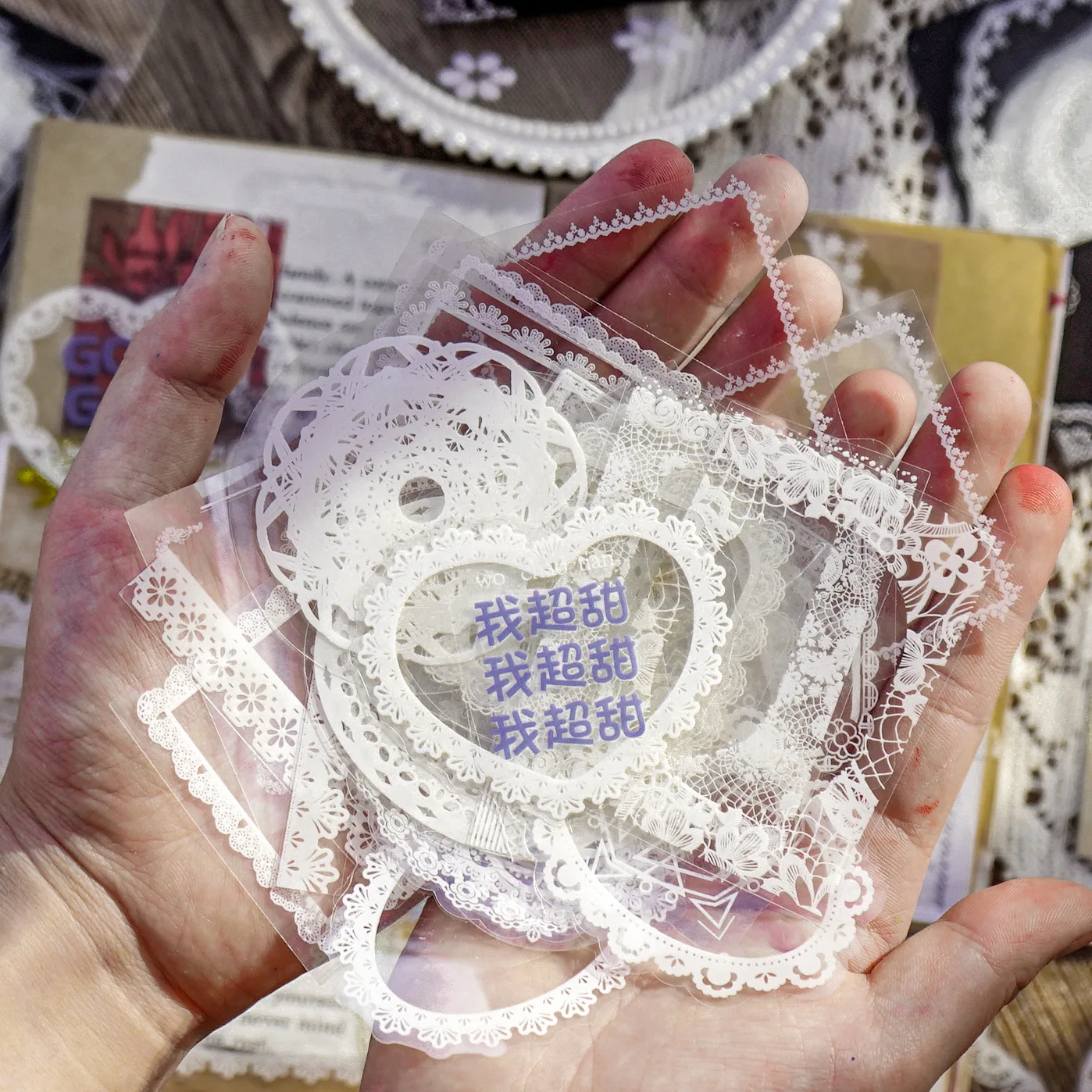 مجموعة ملصقات الدانتيل الجمالية العتيقة لسكرابوكينغ المجلات ديكور المنزل DIY مستطيل وإطار القلب ديكور الصور #2