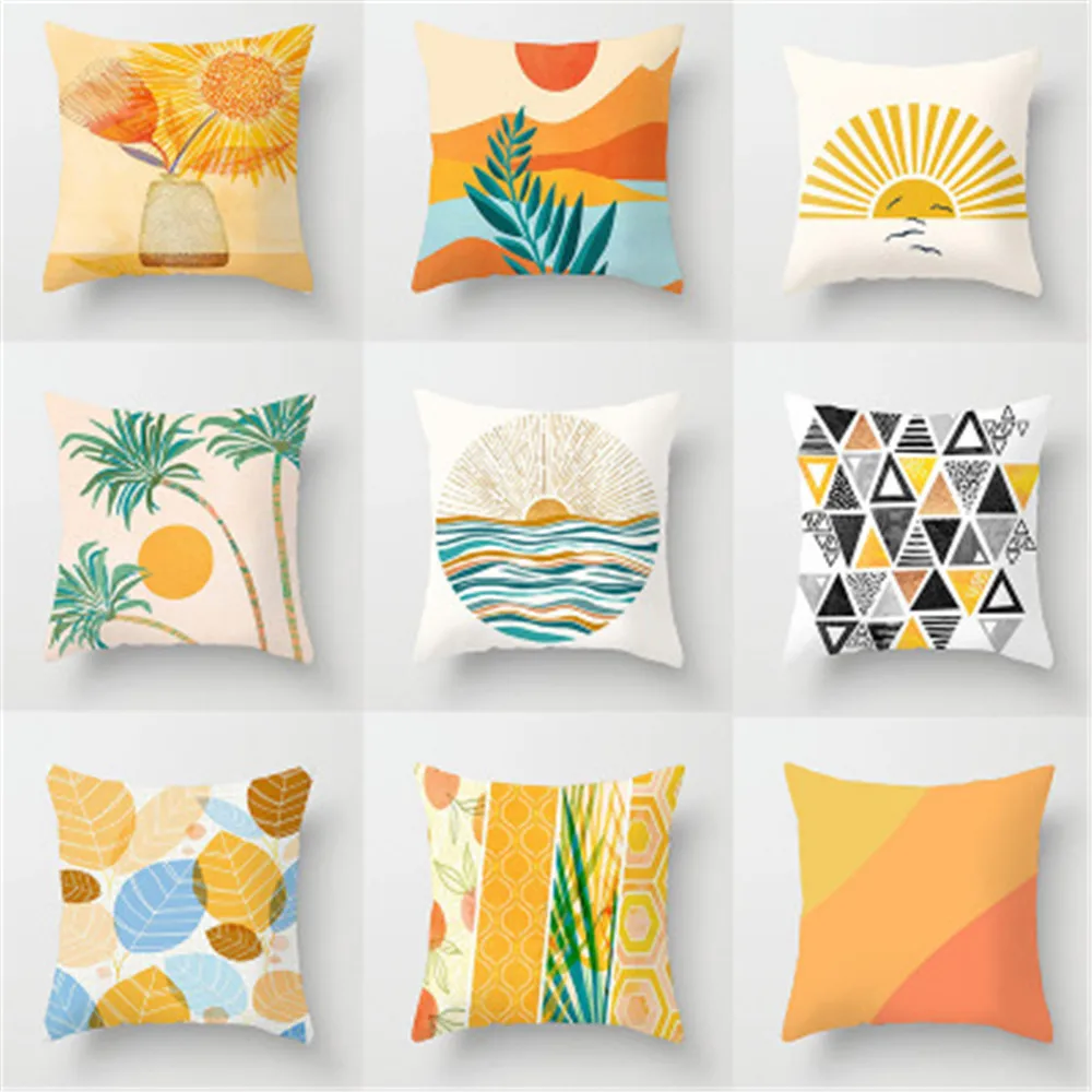 Yellow Geometric Lines Sunrise Sunset Peach Skin Pillowcase Car Waist Pillow Sofa Pillowcase housse de coussin hogar cojines