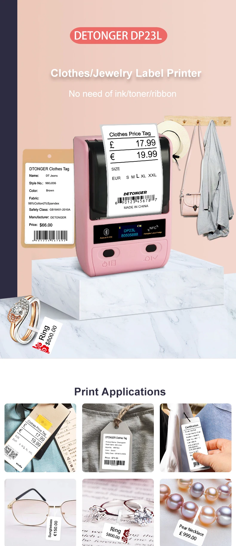 DETONGER DP23S Barcode QR Code Clothes Jewelry Price Tag Printer Android iOS Bluetooth Connection PC Printer