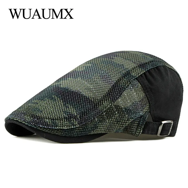 Wuaumx Unisex Summer Berets Hat Men Women Breathable Mesh Sun Visors Camouflage Beret Caps Net Herringbone Flat Cap Boina hombre