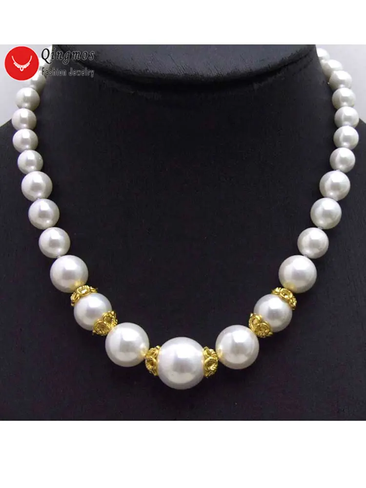 

Qingmos Fashion 8mm to 16mm Gradual Round High Quality Luster White Sea Shell Pearl Necklace for Women with Crystal Jewelry 17"