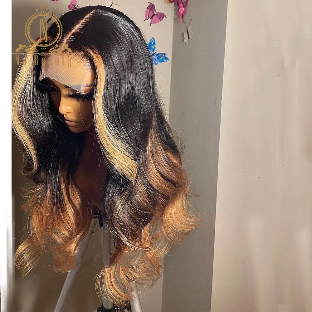 Honing Blonde Hoogtepunt 13X4 Lace Front Menselijk Haar Pruiken Hd Transparant Kant Frontale Pruik Body Wave Ombre Gekleurde nabeauty 150