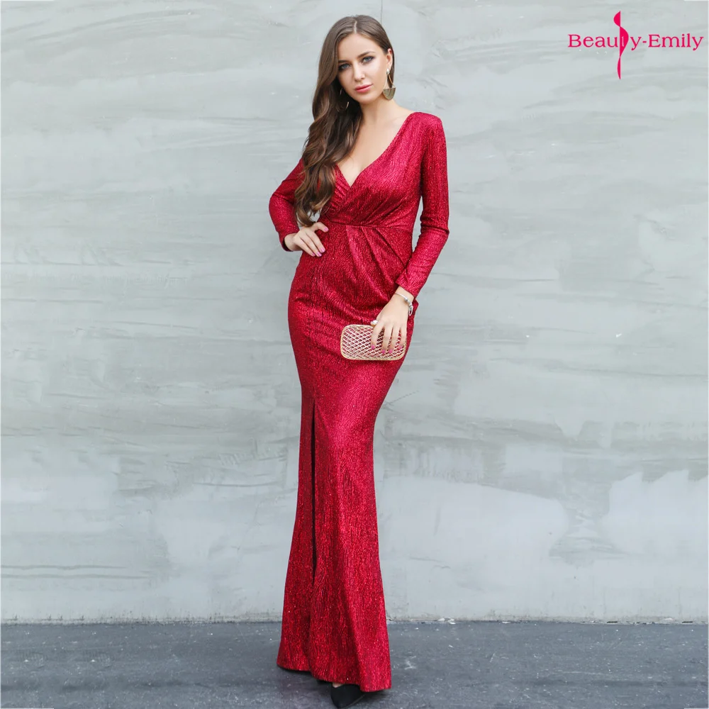 

Beauty-Emily Sweet V Neck Evening Dresses Long Sleeve Sequins Split Party Formal Dress Red Mermaid Gowns vestidos de festa 2021