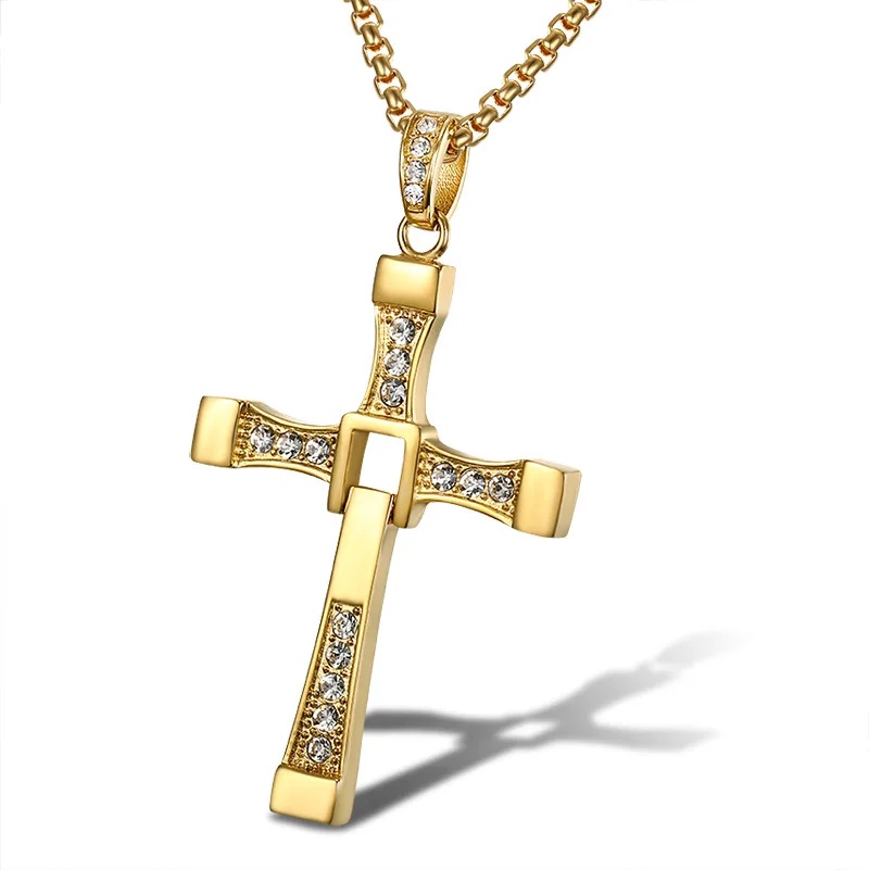 316L stainless steel Fast and Furious Movies Actor Dominic Toretto Rhinestone Cross Crystal Pendant Chain Necklace Men Jewelry