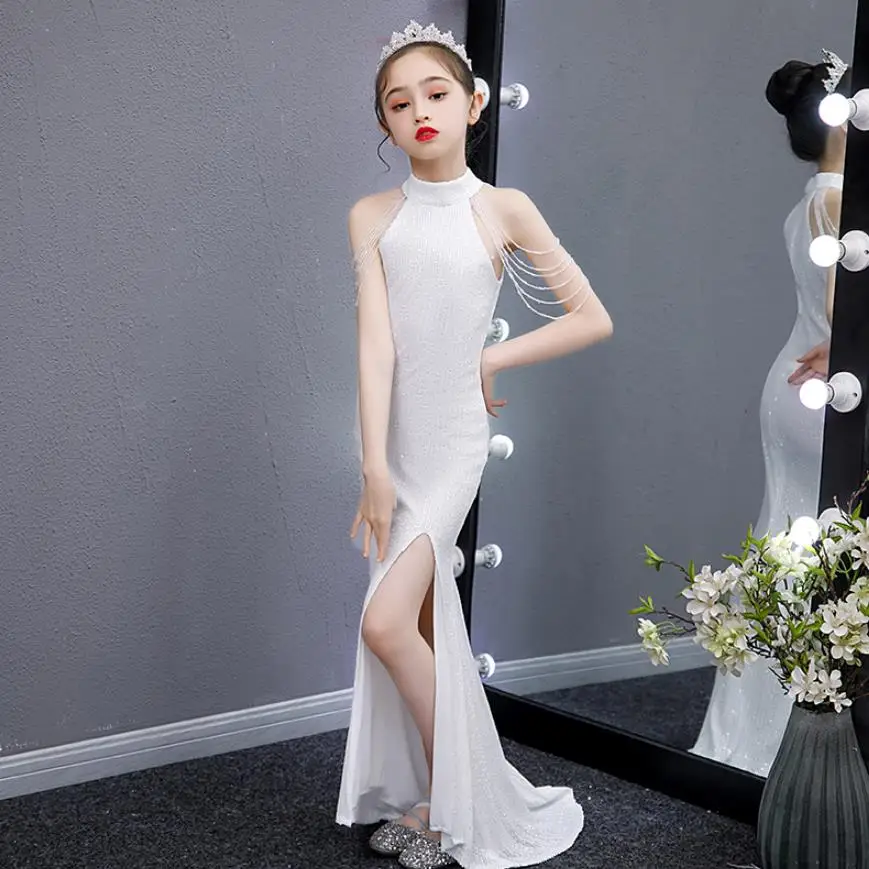 Sexy Sequined Stitching Mermaid Dress For Girls Kids Catwalk Wedding Birthday Party Sleeveless Evening Gown Vestidos A437