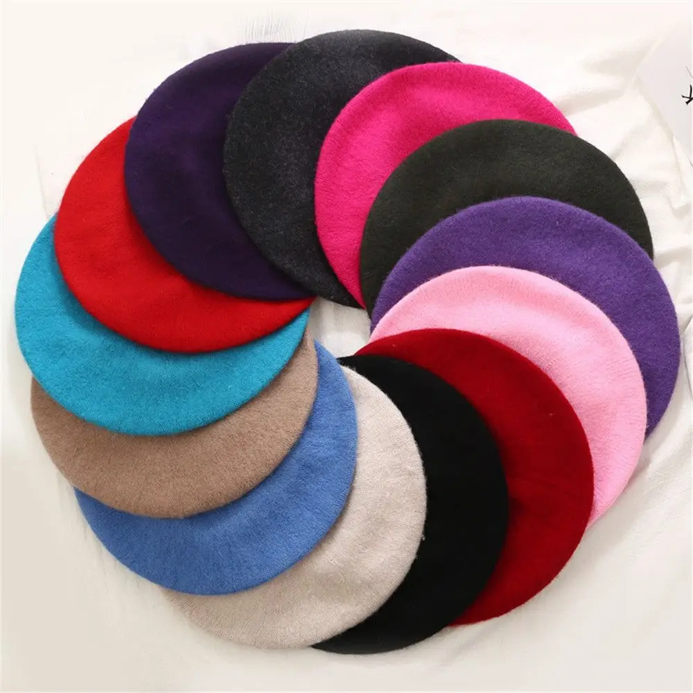 Solid Color Winter Warm Beanie Autumn Beret Hat Flat Cap Hat Wool Beret Cap Felt Berets image 3