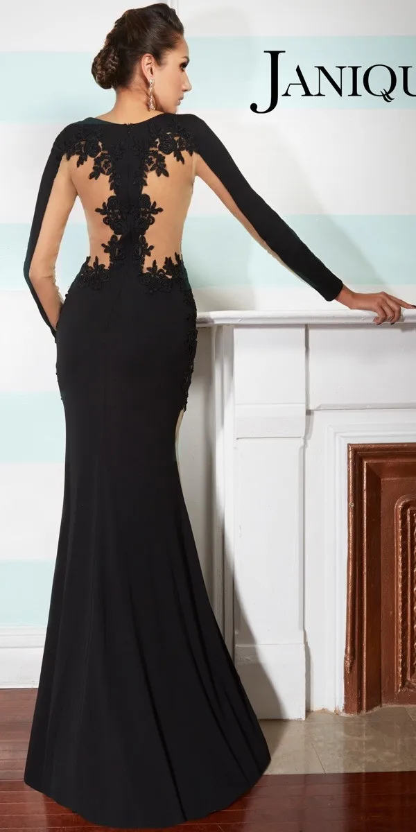 Nova chegada vestidos de noite 2015 querida mangas compridas preto e champanhe longo vestido formal renda appliqued em04816