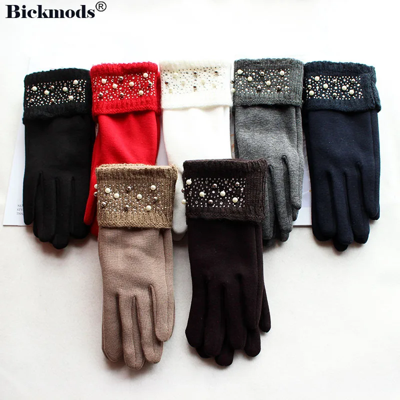 Knitted Cotton Gloves Women's Fashion Plus Sleeve Style Fleece to Keep Warm Spring and Autumn Elastic Fabric Finger Gloves